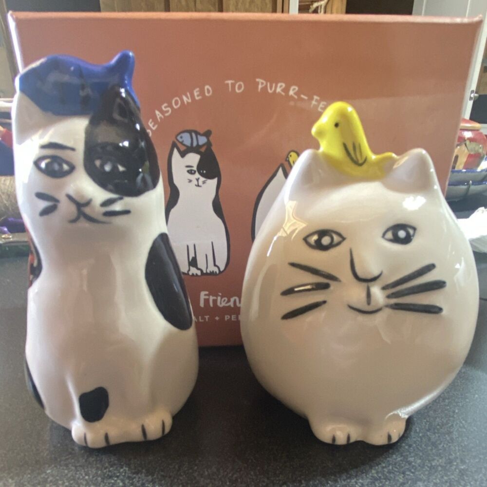 West Elm 2001 Friendly Cat Salt & Pepper Shakers with Bird and Fish Design